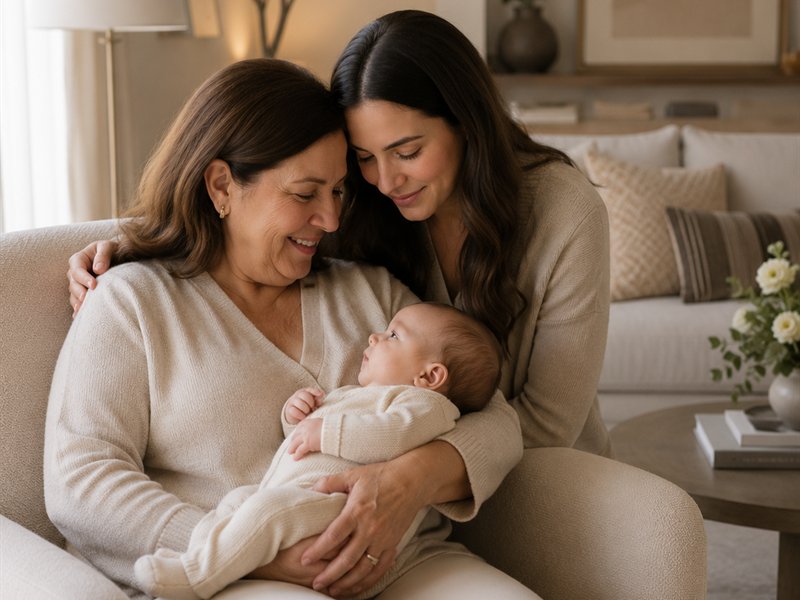 Abuela y mamá con el bebé en brazos