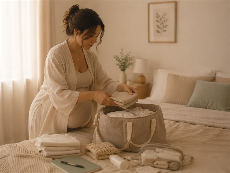 Mujer embarazada preparando la maleta del hospital