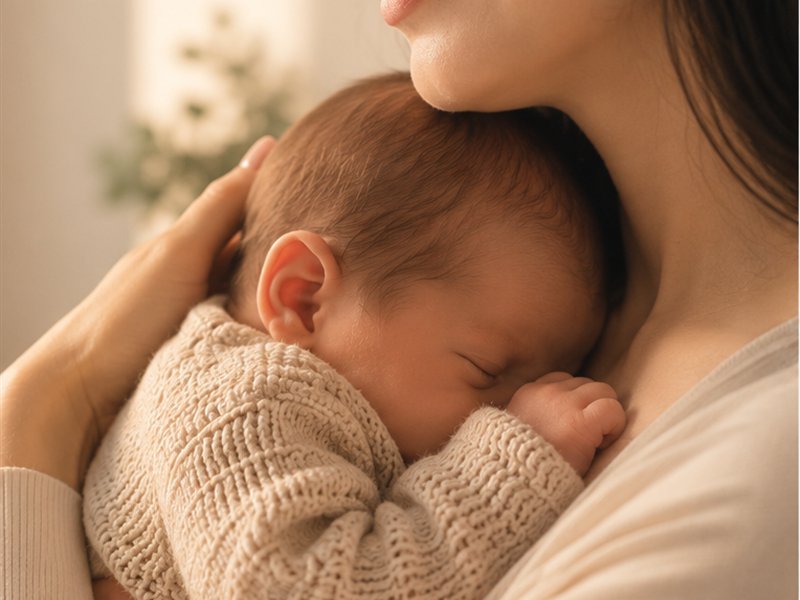 Mamá cargando a su recién nacido dormido